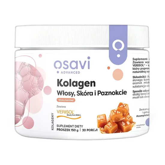 Osavi kolagen, włosy, skóra, paznokcie, smak słony karmel, 150 g (data ważności: 30.09.2026)