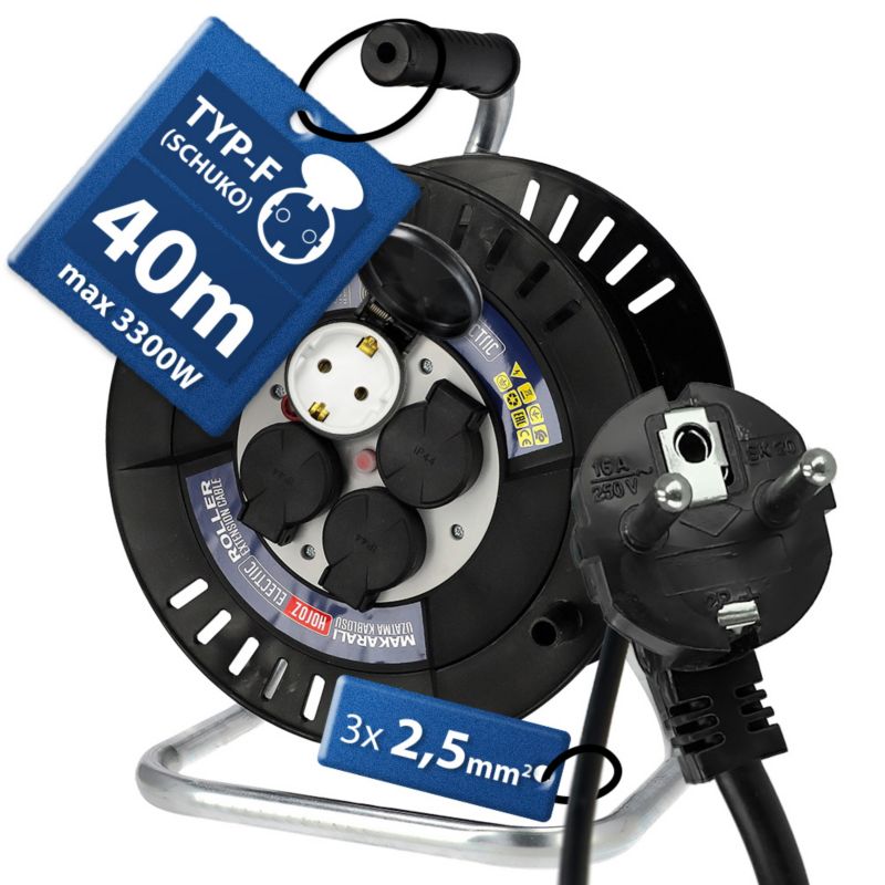 Przedłużacz HOROZ bębnowy 4-gniazdowy SCHUKO IP44 czarny 3x2,5mm 40 m 310.140.301 1 szt.