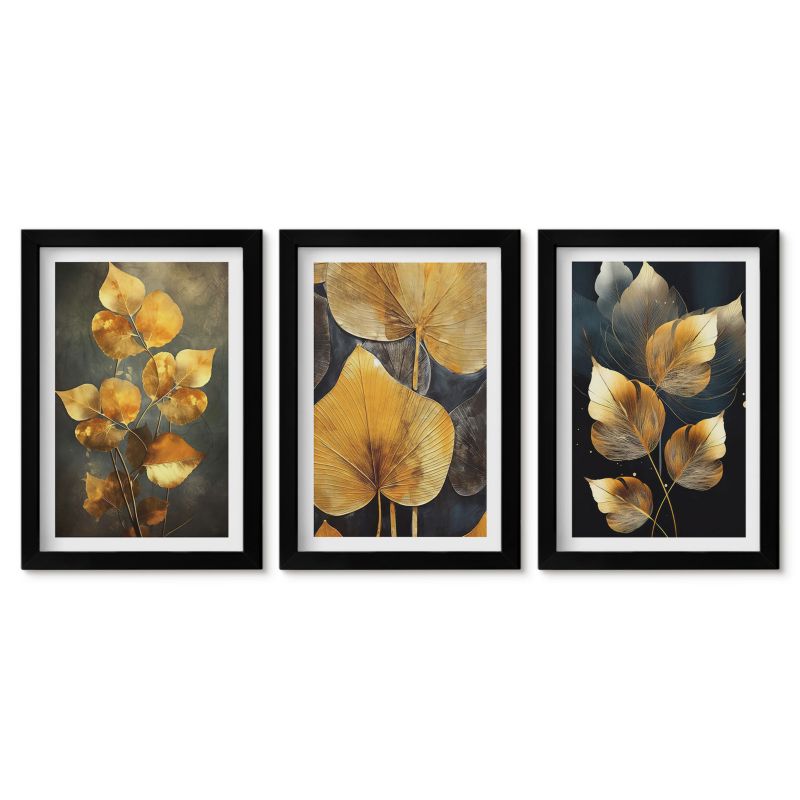 Zestaw 3 obrazów w czarnej ramie Tulup 20x30 cm Liście żółte ciemne tło Galeria ścienna 1 kpl