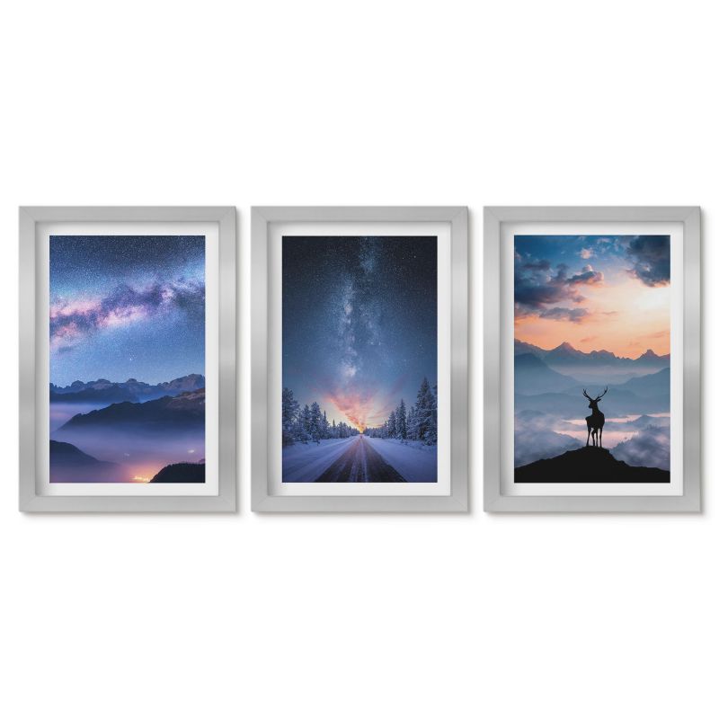 Zestaw 3 obrazów w srebrnych ramach Tulup 20x30 cm Nocne niebo góry mgła jeleń Tryptyk 1 kpl
