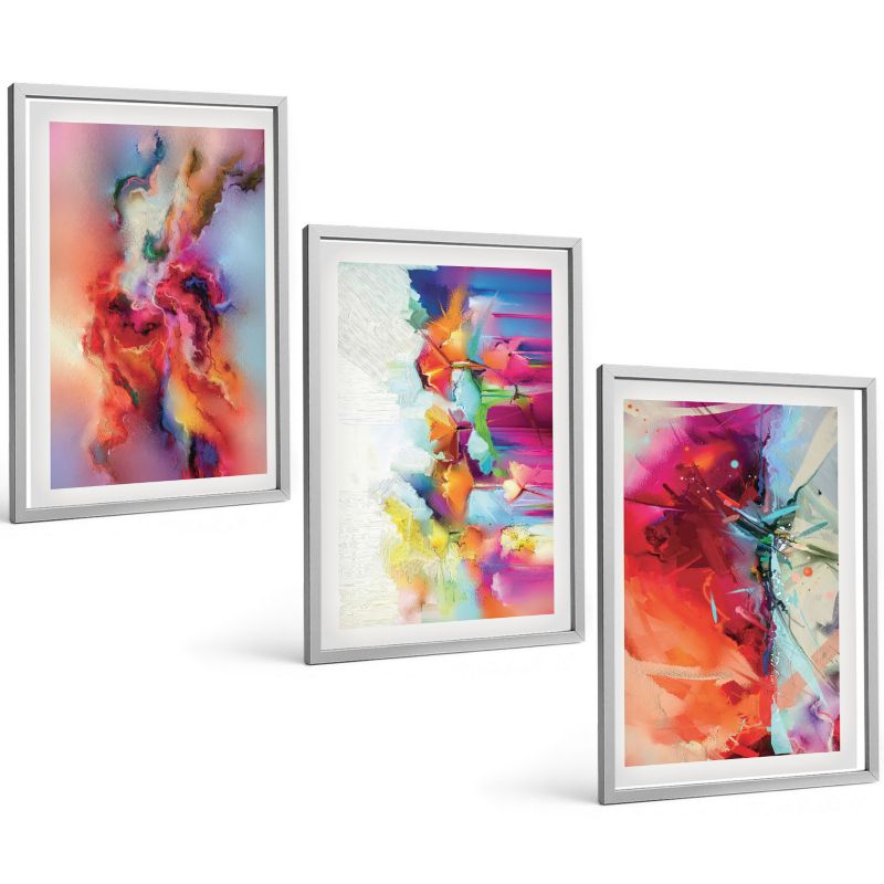 Galeria 3 Obrazów w Srebrnej Ramie ArtPrintCave 40x60 cm Komplet ścienny Kolorowe abstrakcje formy 1 kpl.