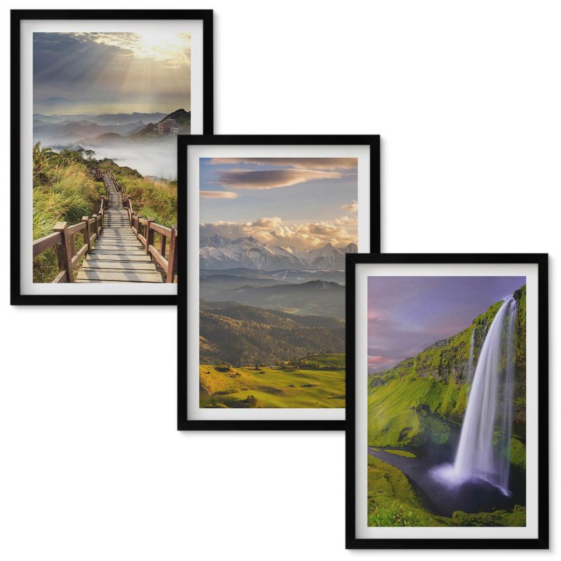 Obraz Ścienny Zestaw Wallfluent Krajobrazy górskie wodospad Czarna rama 40x60 cm 3 szt.