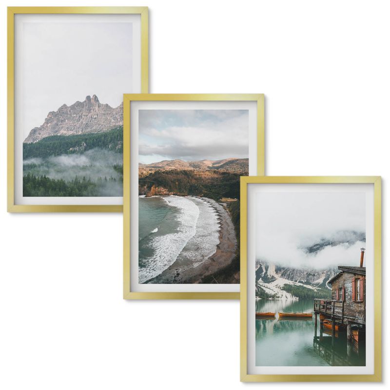 Obrazy do Salonu Wallfluent Górskie plaże drewniany dom Złota rama 40x60 cm 3 szt.