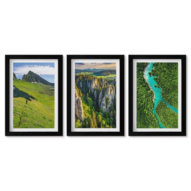 Seria obrazów 3 sztuki Tulup 20x30 cm Zielone góry rzeka skały Obrazy nad biurko zestaw czarna rama 1 kpl
