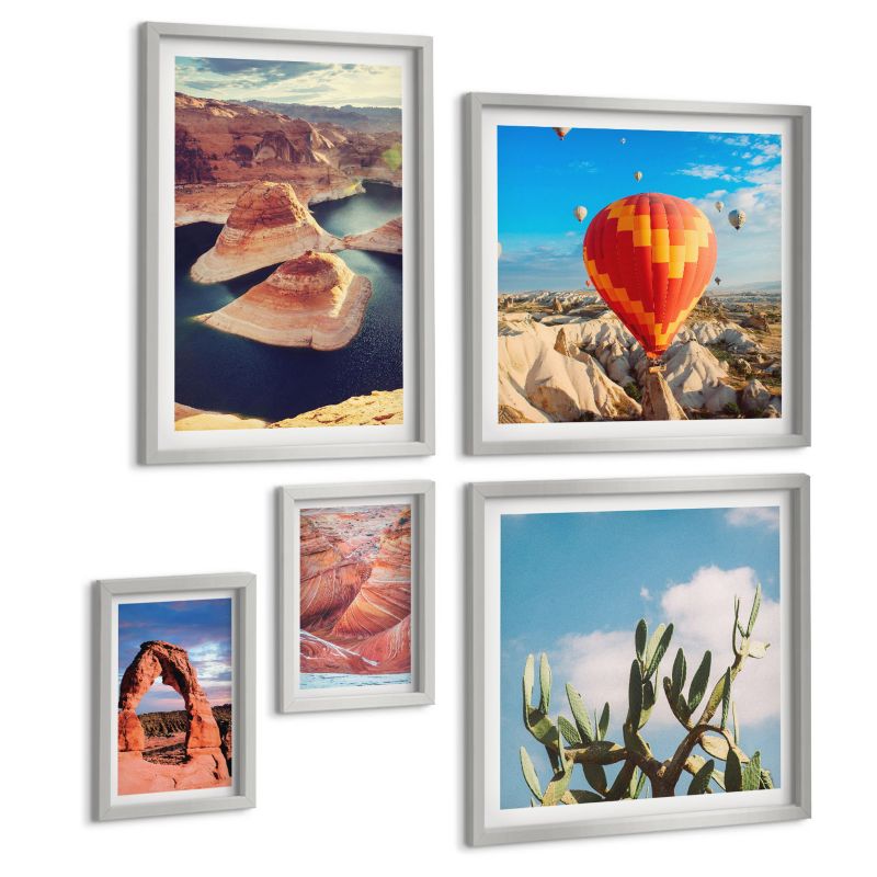 Komplet 5 Obrazów ArtPrintCave (2x50x50+2x20x30+40x60cm) Srebrna rama Góry jeziora lasy ścieżki 1 kpl.