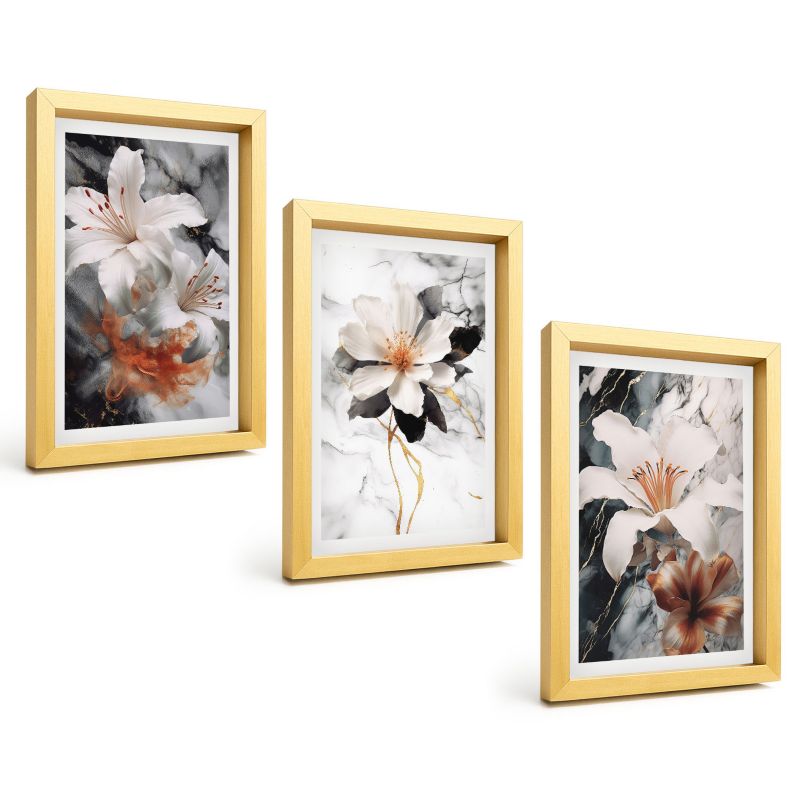 Galeria 3 Obrazów w Złotej Ramie ArtPrintCave 20x30 cm Komplet ścienny Kwiaty marmur biel czerń 1 kpl.