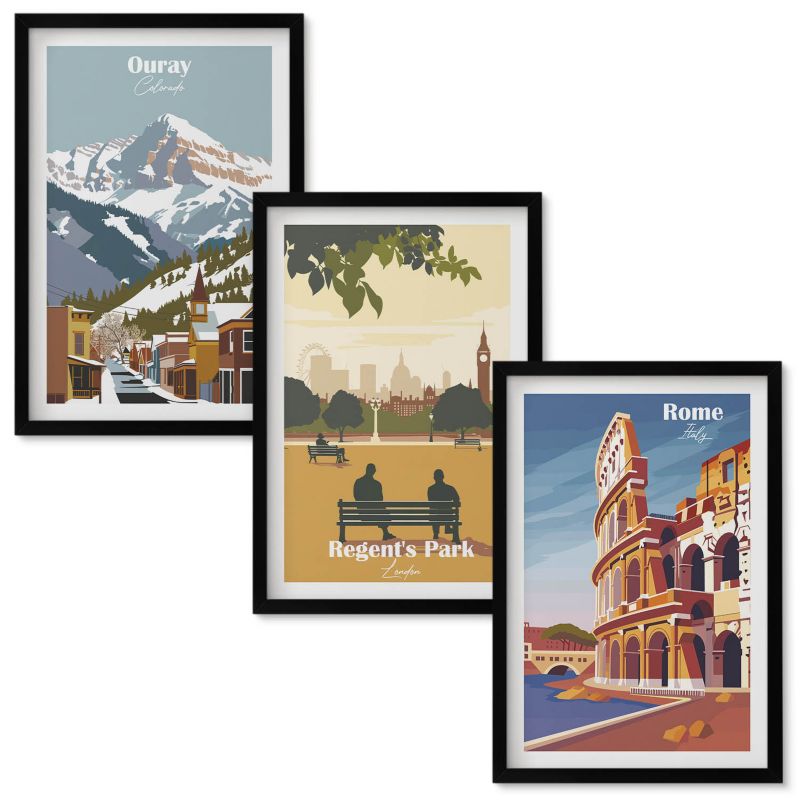 Obrazy Do Sypialni Wallfluent Góry Ouray Londyn Koloseum Czarna rama 40x60 cm 3 szt.
