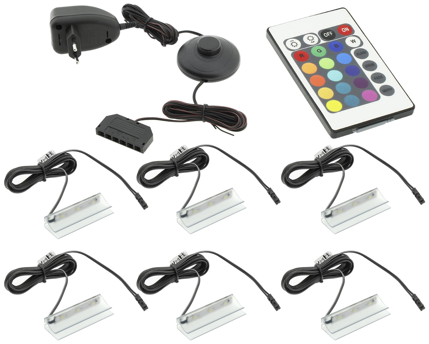 Oświetlenie półek szklanych LED 6 klipsów RGB 230v z pilotem