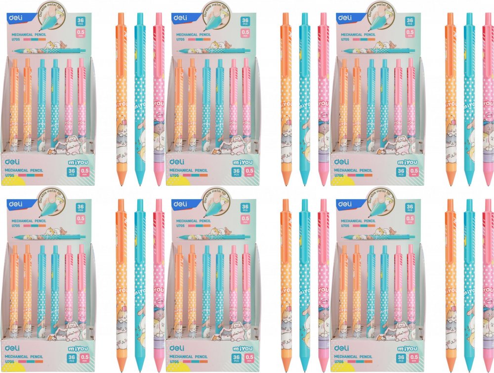 36x Ołówek automatyczny Deli MiYou EU705, HB, 0.5mm, mix kolorów