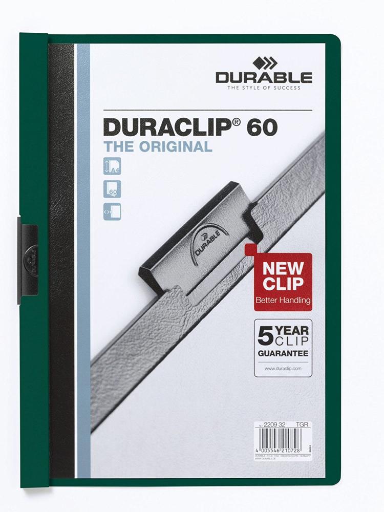 Skoroszyt plastikowy z klipsem Durable DuraClip, A4, do 60 kartek, zielony