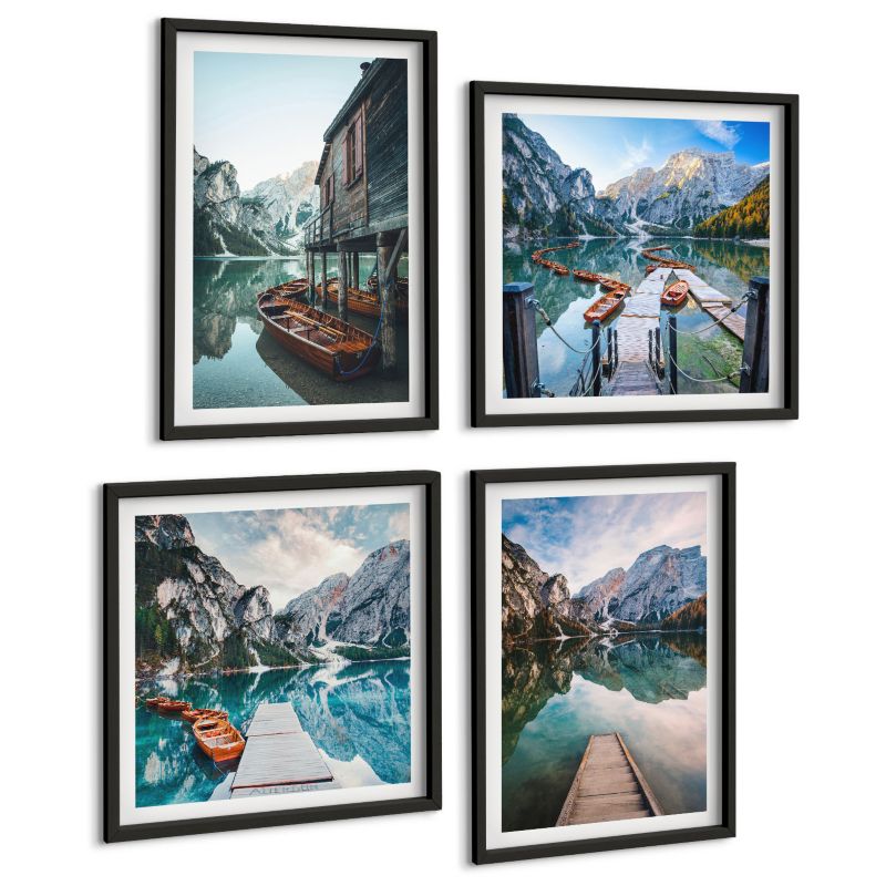 Czteroczęściowy Zestaw Obrazów ArtPrintCave (2x50x50+2x40x60cm) Czarna rama Jezioro góry drewniane łodzie 1 kpl.