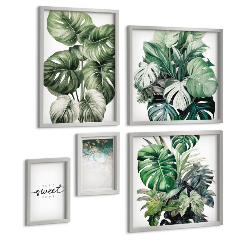 Zestaw Obrazów 5 Częściowy ArtPrintCave (2x50x50+2x20x30+40x60cm) Srebrna rama Rośliny zielone Sweet Home 1 kpl.