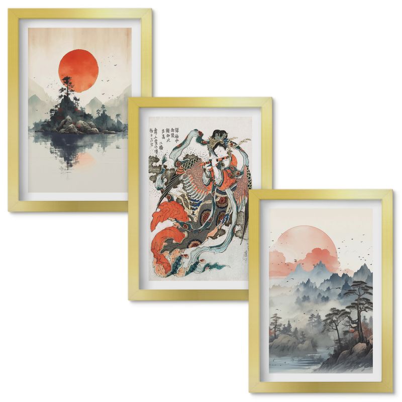Obraz Ścienny Zestaw Wallfluent Azjatyckie malunki japandi Złota rama 20x30cm 3 szt.