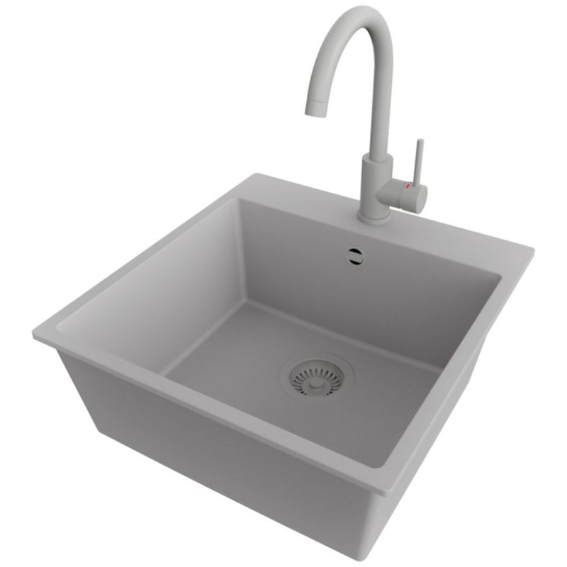 Zlewozmywak Granitowy Ryga PRIMAGRAN Nablatowy 48x50cm do Szafki od 50cm, Cały Szary + Bateria 32x20cm + Syfon, S230, 1 szt.