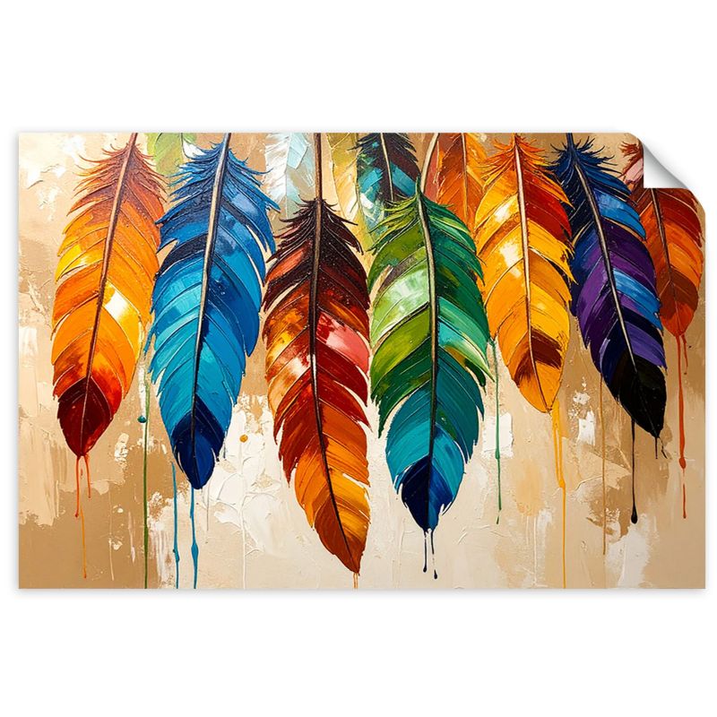 Naklejki samoprzylepne do salonu sypialni Feeby Kolorowe Pióra efekt farby beżowy 120x80cm 1szt