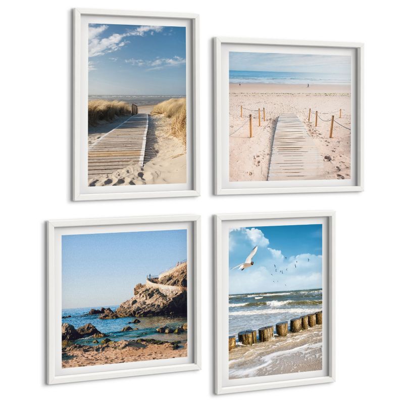 Zestaw 4 Obrazów ArtPrintCave (2x50x50+2x40x60cm) Biała rama Plaża piasek fale niebo ptaki 1 kpl.