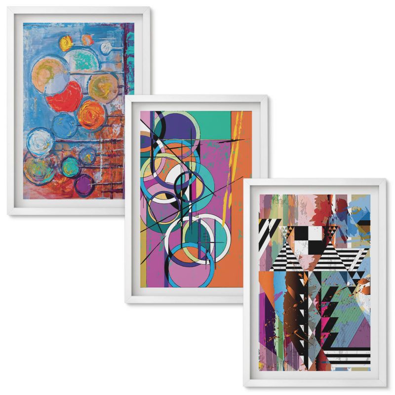 Set Obrazów w Ramie Wallfluent Kolorowe abstrakcje okręgi geometria Biała rama 40x60 cm 3 szt.