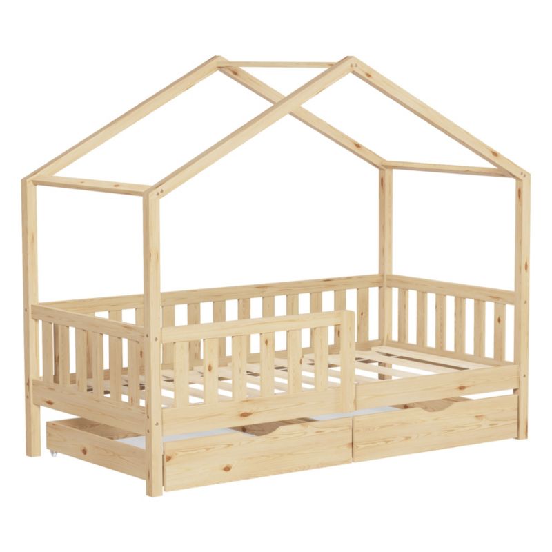 Łóżko dziecięce ML Design Montessori domek 80 x 160 cm naturalne z 2 szufladami z drewna sosnowego z barierką i stelażem 1 szt