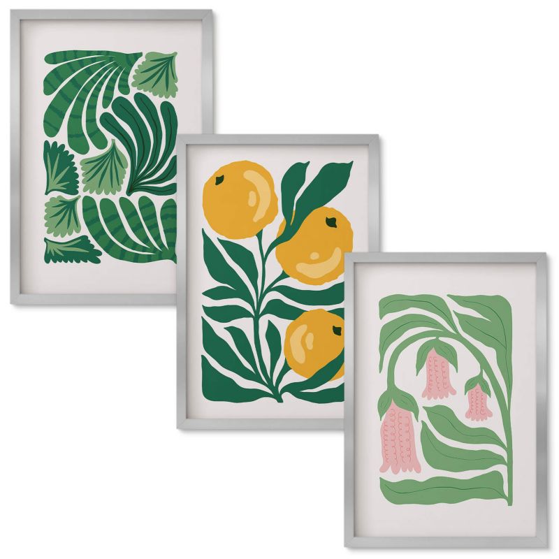 Set Obrazów w Ramie Wallfluent Minimalistyczne wzory roślinne Srebrna rama 40x60 cm 3 szt.