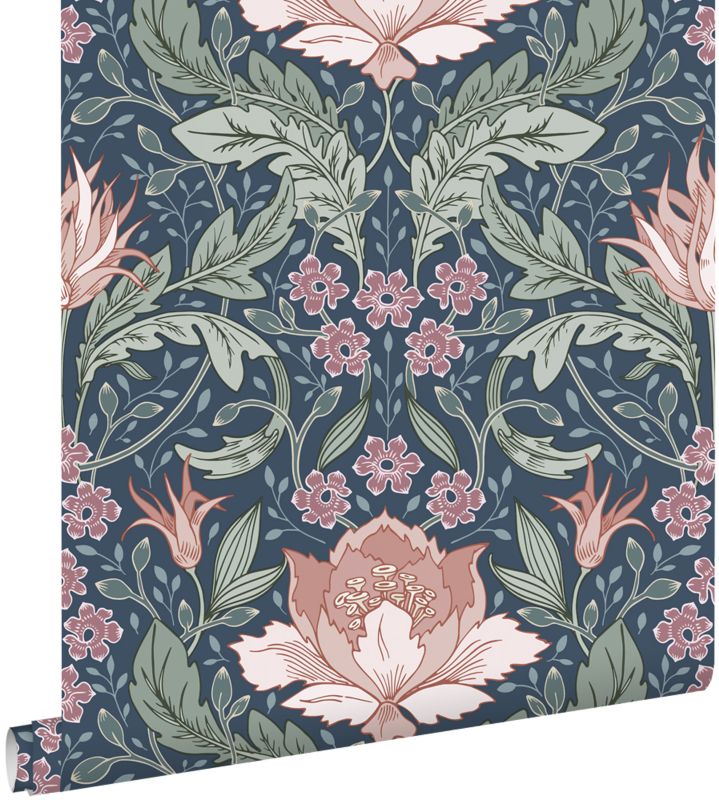 Tapeta ESTAhome vintage kwiaty w stylu secesyjnym niebieskim,zielonymIterakoty różowej 50 x 900 cm - 1 rol.