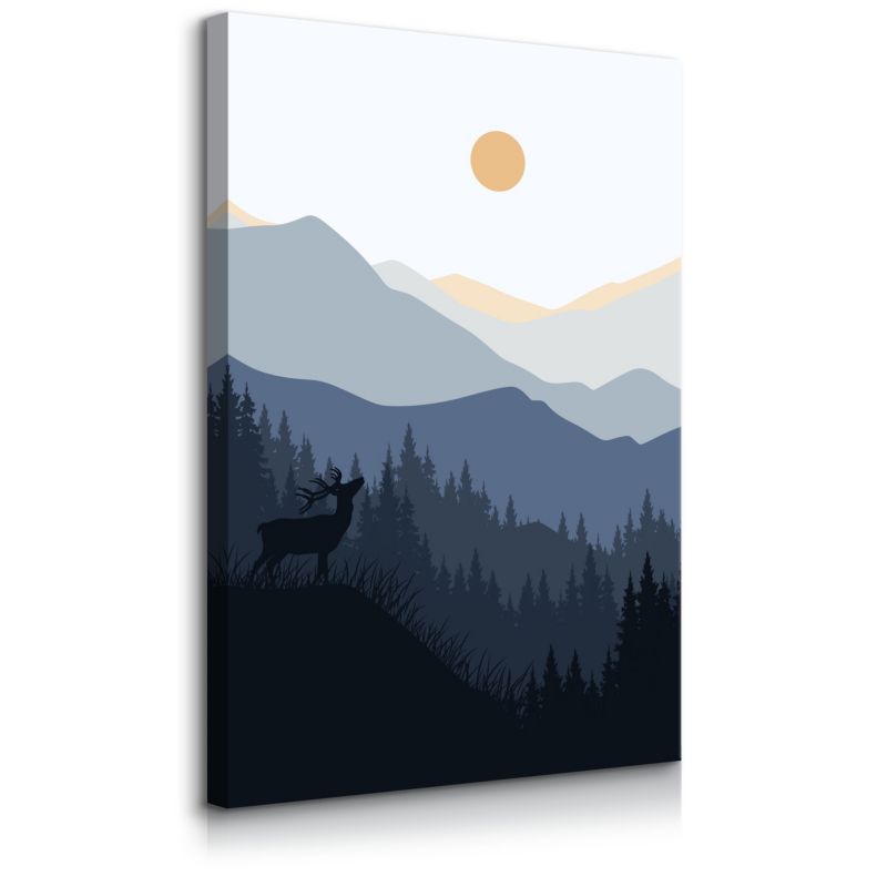 Obraz Muralo Na Płótnie Pejzaż Góry Jeleń Wschód Słońca Natura Styl Boho 60x90 cm 1 szt.