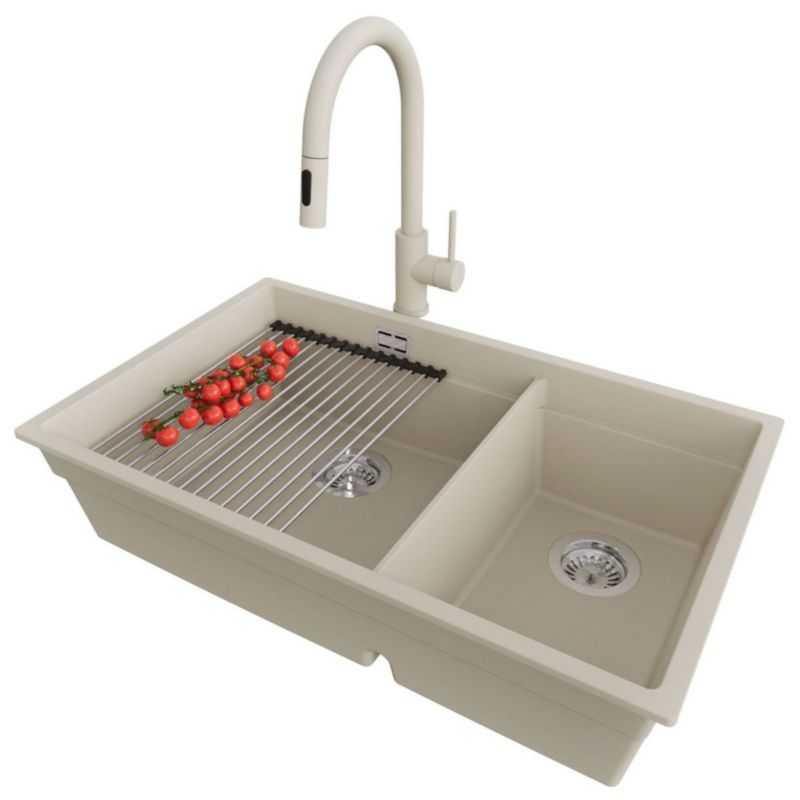 Zlewozmywak Granitowy Praga Duo Level PRIMAGRAN Nablatowy 76x47cm, Beżowy + Bateria + Syfon + Akcesorium, S082, 1 szt.