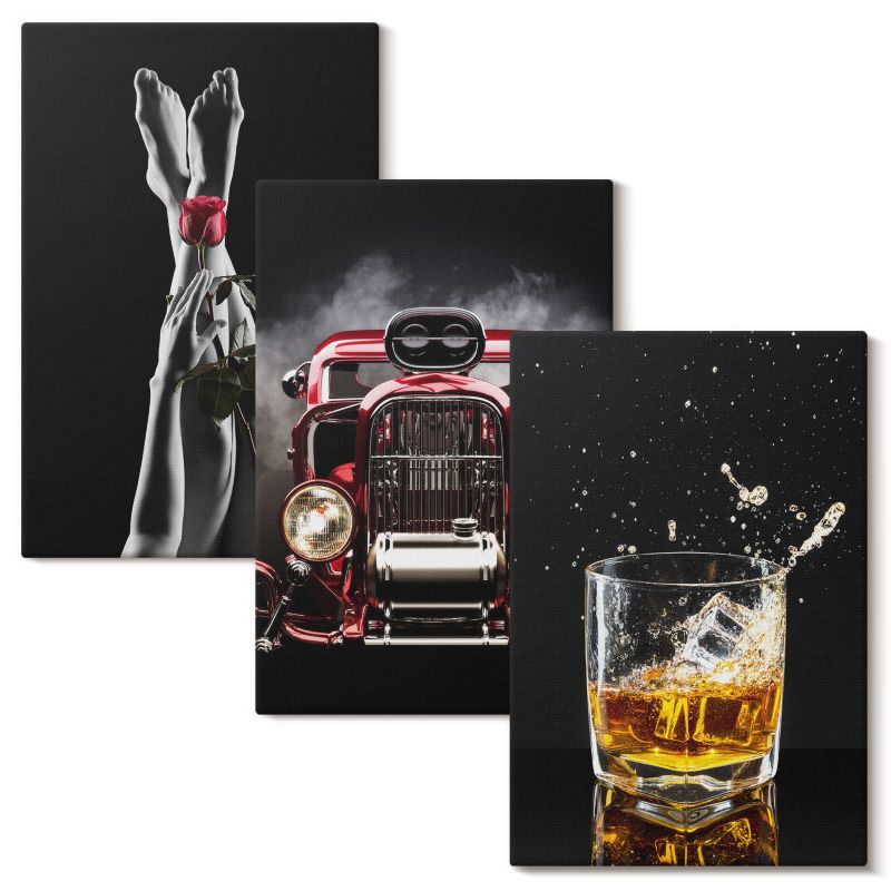 Komplet Obrazów Na Płótnie Wallfluent 40x60 cm Kobiece nogi róża auto whisky 3 szt.