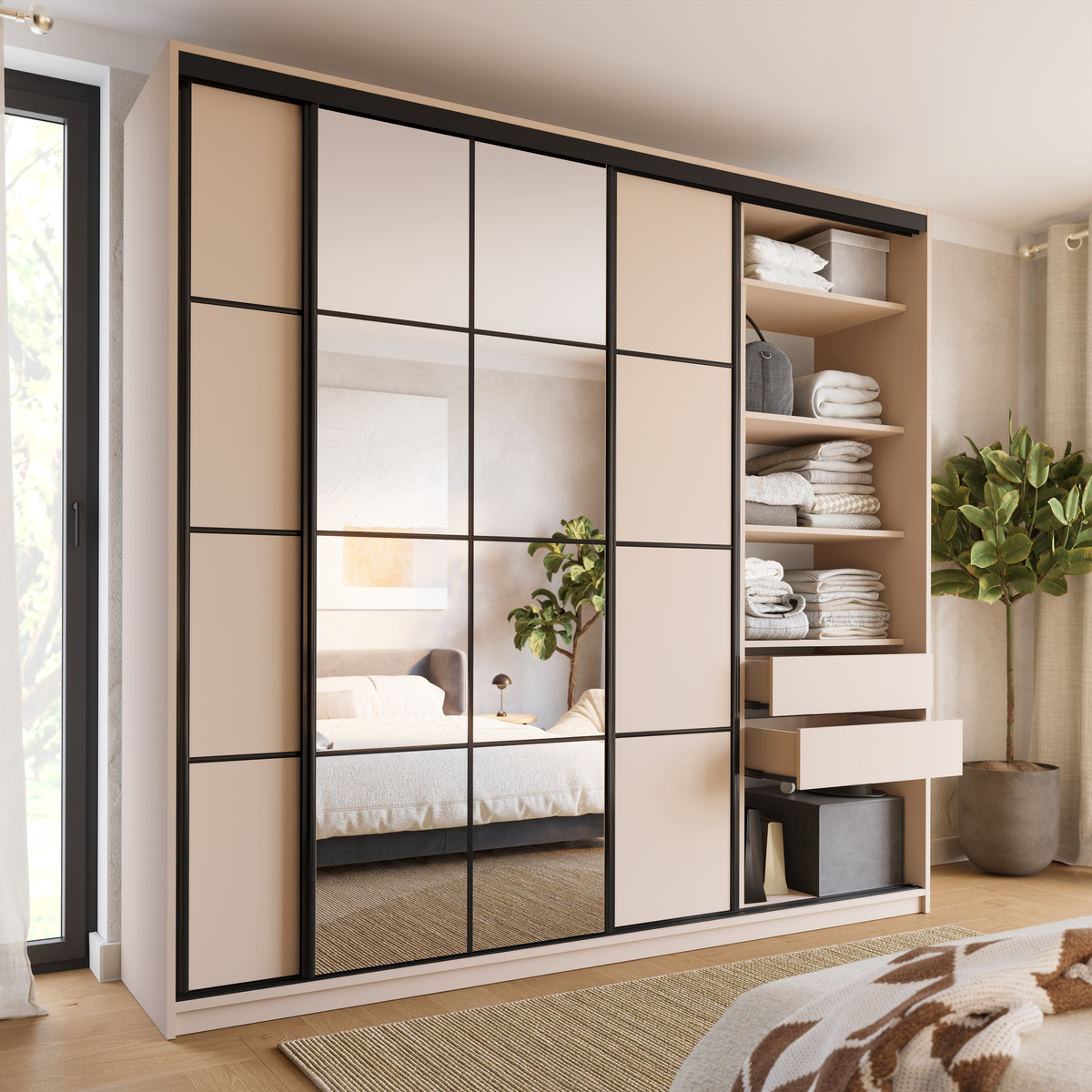 Beżowa wysoka szafa przesuwna z lustrem 250 cm EDGE MAX