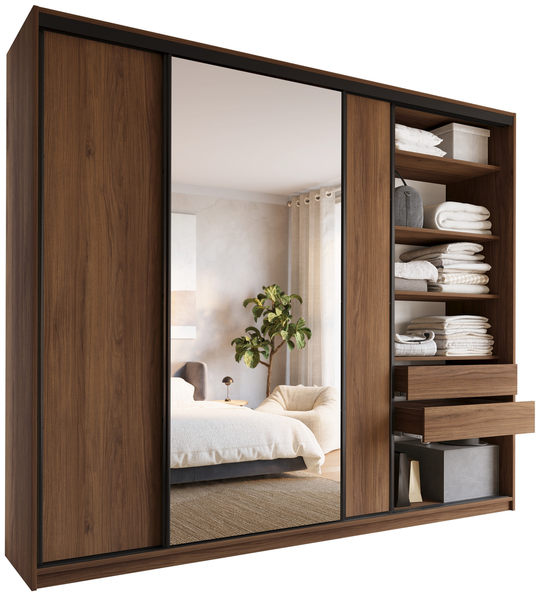 Pojemna szafa przesuwna z lustrem 280 cm do sypialni LOFT MAX orzech