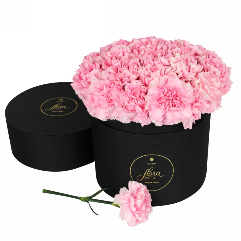 FlowerBox - różowe goździki w czarnym pudełku (duży)