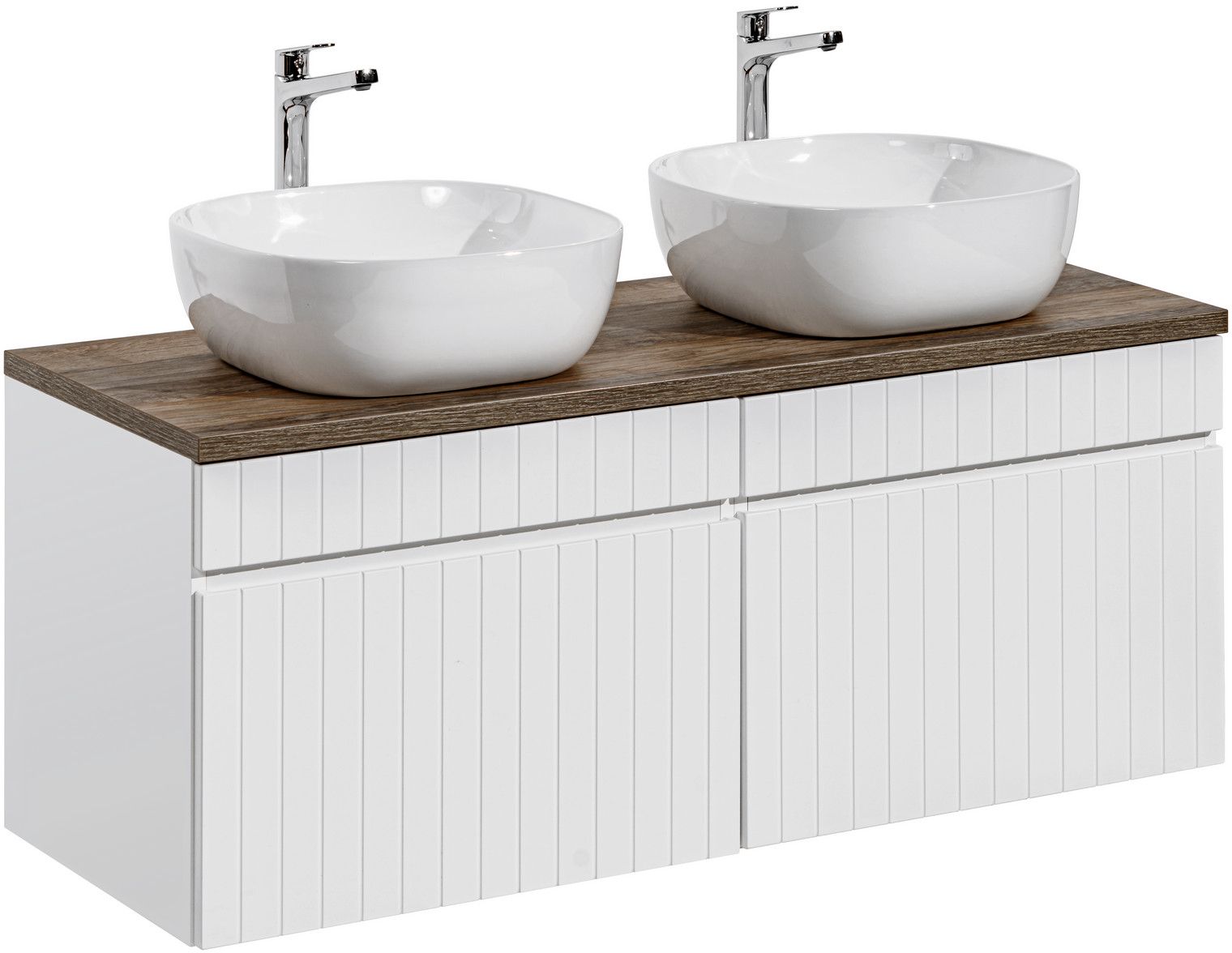 Zestaw Comad Iconic White szafki 60 cm i 60 cm z blatem meblowym 120 cm dąb i umywalki Smile 41x41 cm biały połysk SET ICW-B 120 CM 6252