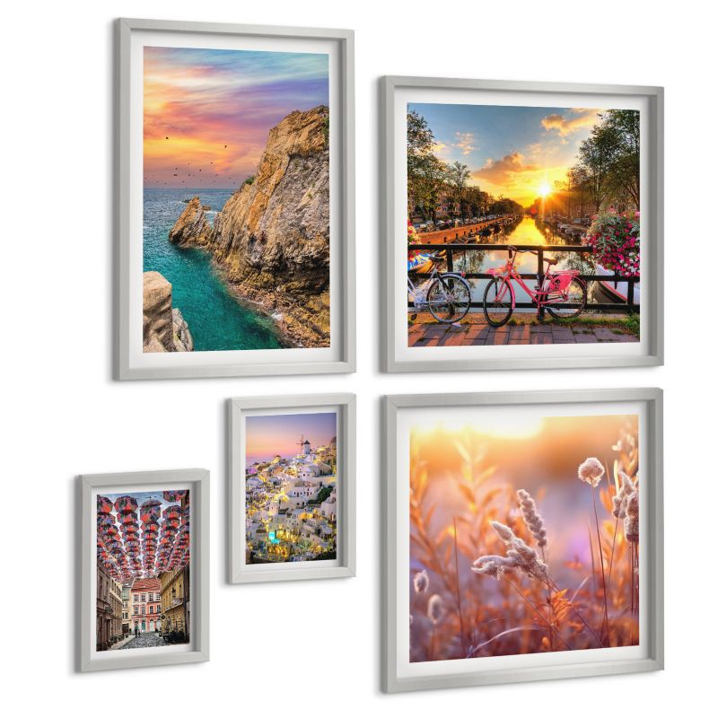 Pięcioczęściowy Zestaw Obrazów ArtPrintCave (2x50x50+2x20x30+40x60cm) Srebrna rama Nadmorskie zachody słońca 1 kpl.