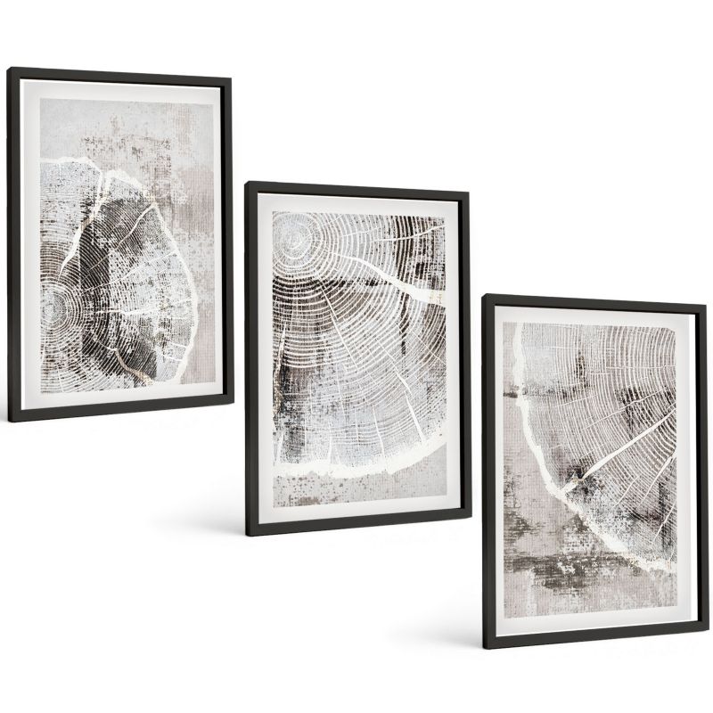 Trzyczęściowy Zestaw Obrazów ArtPrintCave 40x60 cm Czarna rama Wzory słojów drewna szarości 1 kpl.