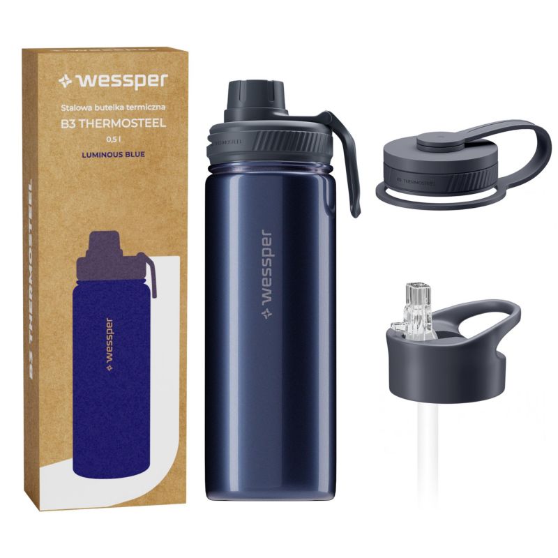 Butelka termiczna, Wessper B3 Thermosteel, termos, stalowy, 3 wymienne ustniki, 500ml, Luminous Blue, 1szt.