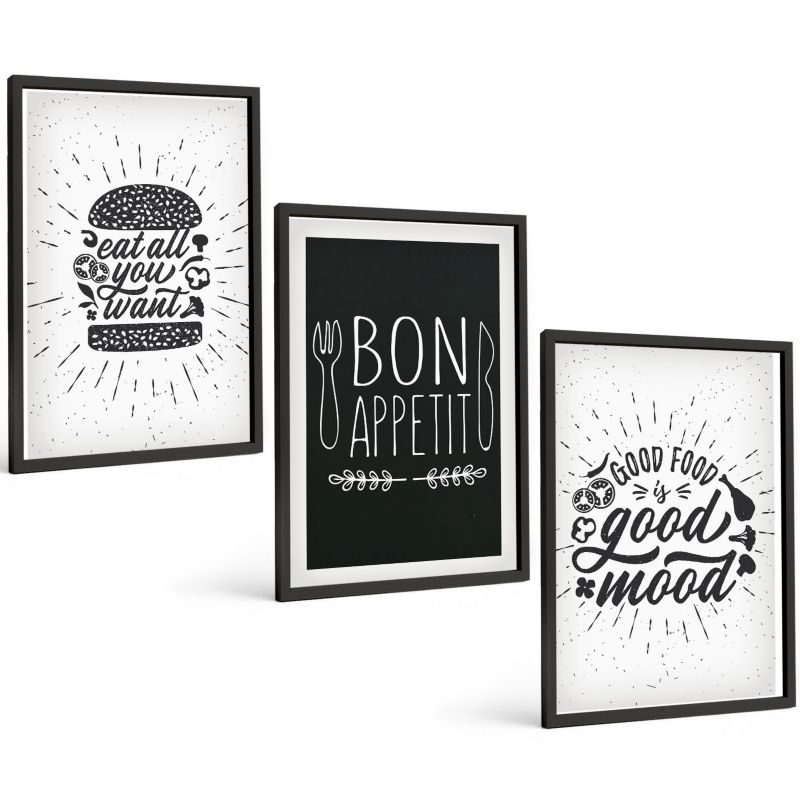 Komplet 3 Obrazów w Czarnej Ramie ArtPrintCave 40x60 cm Grafika Ścienna Grafika jedzenie hasła kulinarne 1 kpl.
