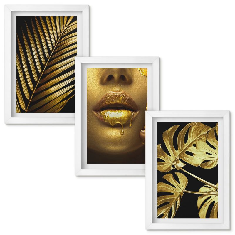 Zestaw obrazów Wallfluent Palma monstera usta kobiety Biała rama 20x30cm 3 szt.