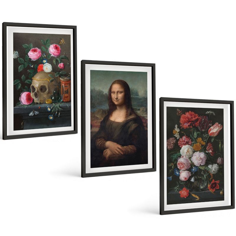 Komplet 3 Obrazów w Czarnej Ramie ArtPrintCave 40x60 cm Grafika Ścienna Kwiaty czaszka portret Mona Lisy 1 kpl.