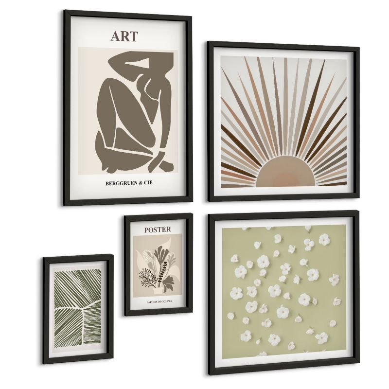 Zestaw Obrazów 5 Częściowy ArtPrintCave (2x50x50+2x20x30+40x60cm) Czarna rama Roślinne motywy stonowane kolory 1 kpl.