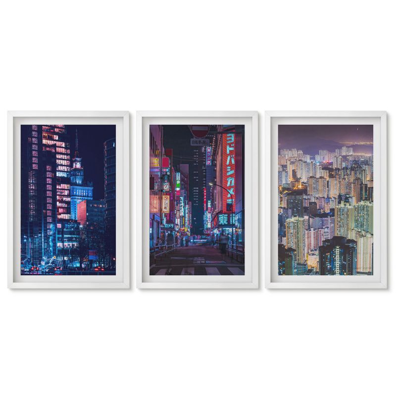 Obrazy w białej ramie Tulup 40x60 cm Nocne miasto neonowe światła Obrazy do kuchni w ramie 1 kpl