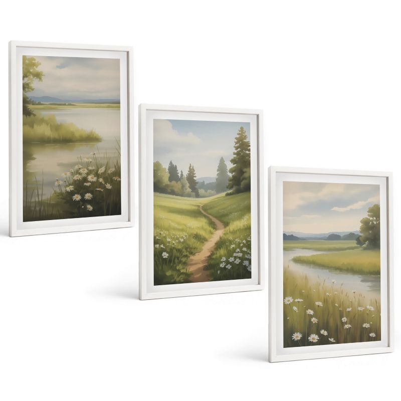 Komplet 3 Obrazów w Białej Ramie ArtPrintCave 40x60 cm Grafika Ścienna Wiosenny krajobraz rzeka łąka 1 kpl.