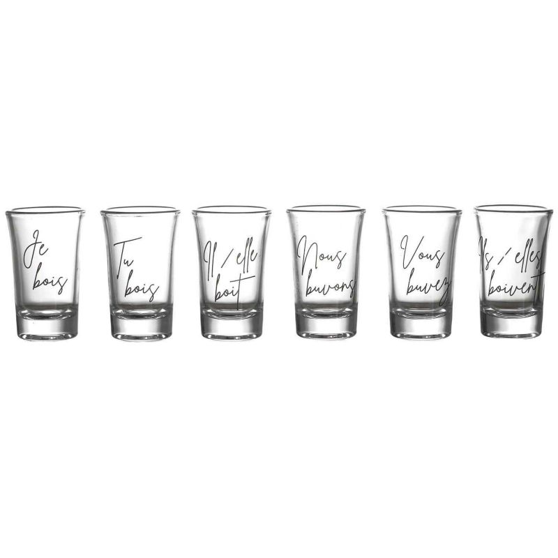 Kieliszki do shotów Verres HowHomely szklane z napisami 7x4,5 cm zestaw 6 szt. 1 kpl.