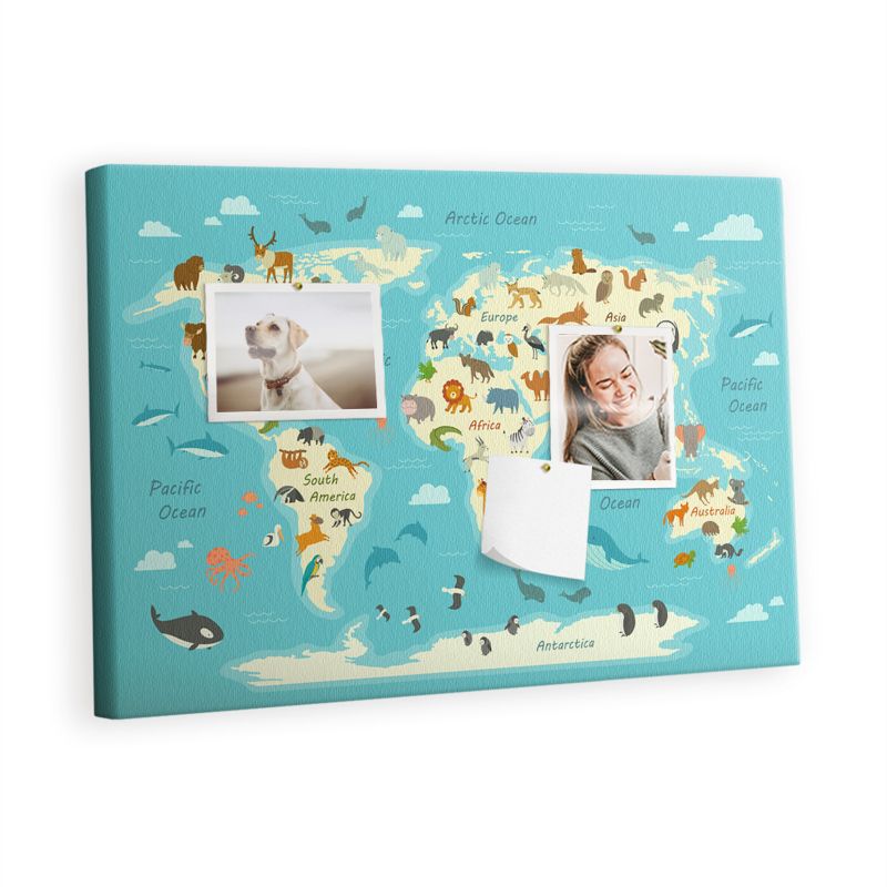 Tablica Korkowa Z Pinezkami Tulup 60x40 cm Ilustrowana mapa z fauną Organizer ścienny Pinezki drewniane 1 kpl
