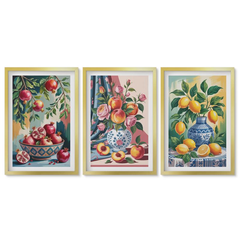Zestaw 3 obrazów w złotej ramie Tulup 40x60 cm Kwiaty owoce w wazonach Tryptyk 1 kpl