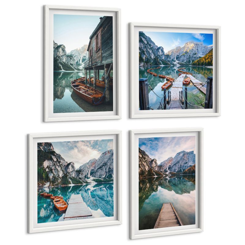 Czteroczęściowy Zestaw Obrazów ArtPrintCave (2x50x50+2x40x60cm) Biała rama Jezioro góry drewniane łodzie 1 kpl.