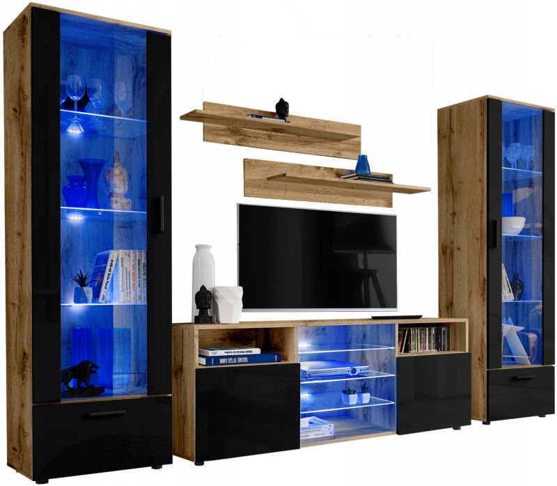 Meblościanka Pan Igiełka LED RGB Dąb Wotan Czarna Zestaw Mebli 1 szt