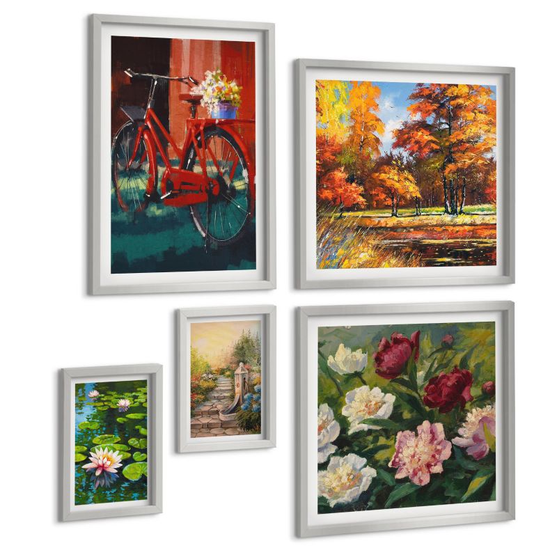 Zestaw Obrazów 5 Częściowy ArtPrintCave (2x50x50+2x20x30+40x60cm) Srebrna rama Plaża drewniana ścieżka klify 1 kpl.