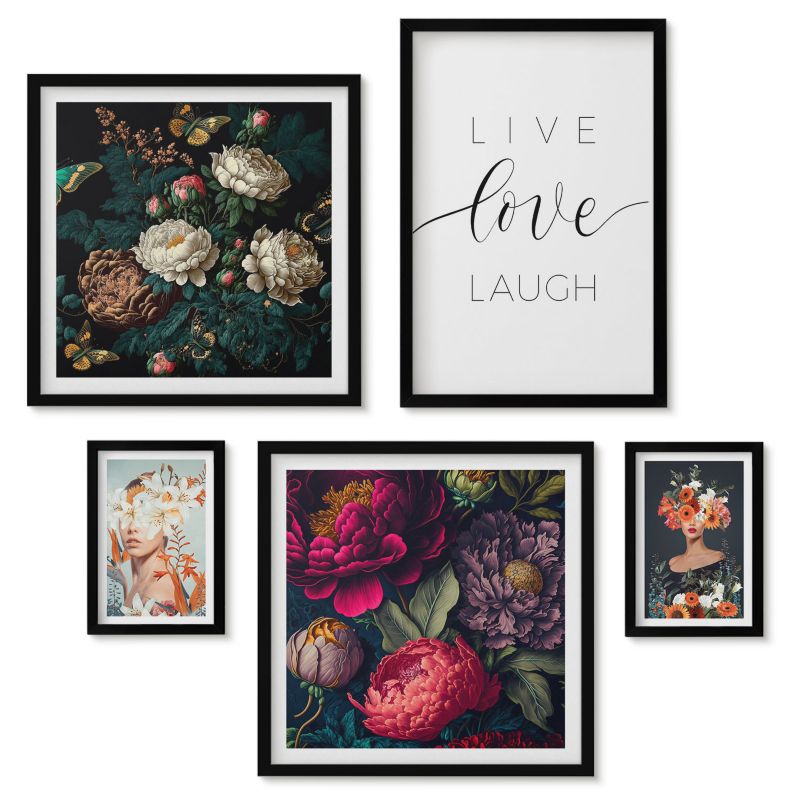 Komplet 5 obrazów w czarnej ramie Tulup Kwiatowe portrety bukiety liście Obrazy w czarnej ramie 1 kpl