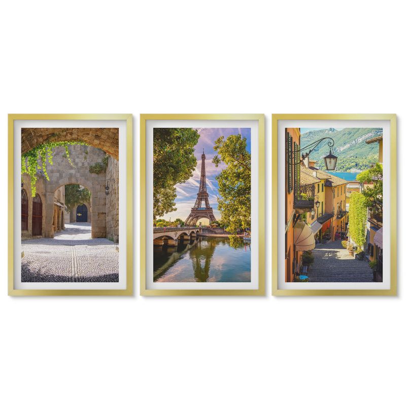 Zestaw 3 obrazów w złotych ramach Tulup 40x60 cm Uliczki architektura Eiffel Obrazy w złotej ramie 1 kpl