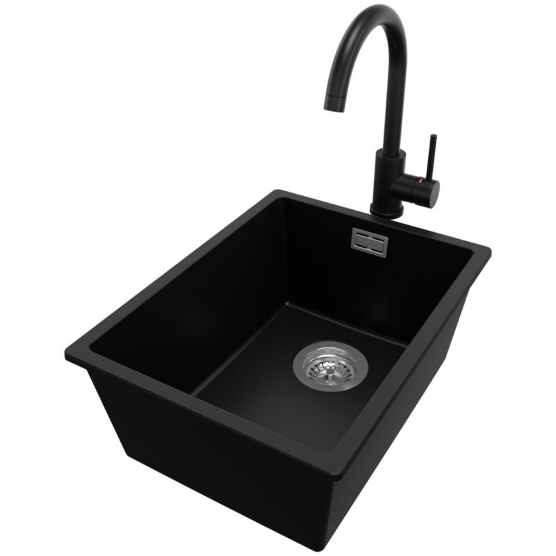 Zlewozmywak Granitowy Londyn Slim PRIMAGRAN Nablatowy 36x47cm do Szafki od 40cm, Czarny + Bateria 32x20cm + Syfon, S037, 1 szt.