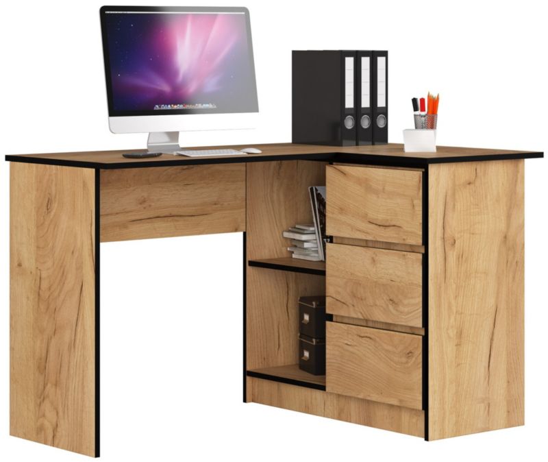 Biurko narożne Akord B16 Dąb Craft 124 cm prawe 3 szuflady kolor Dąb Craft mat 2 półki 124x85x77 cm 1 szt.